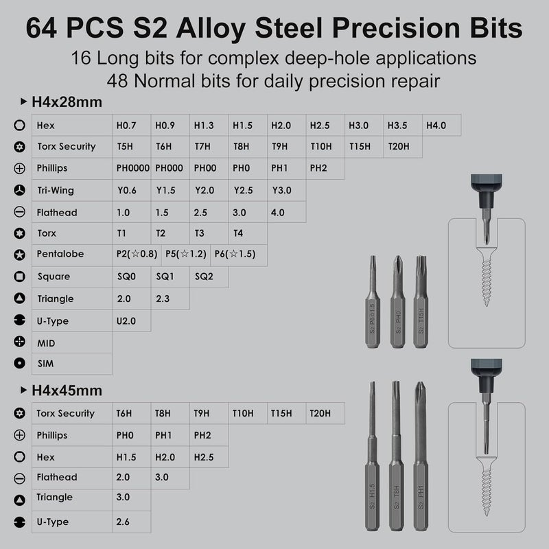 STREBITO Mini Electric Screwdriver Set, 70 in 1 Small Electric Screwdriver Cordless - 64 S2 Preicison Bits, 5 Torque Settings, 4 LED Lights, Mini Power Screwdriver Repair Tool Kit for PC RC Electronic - Image 5